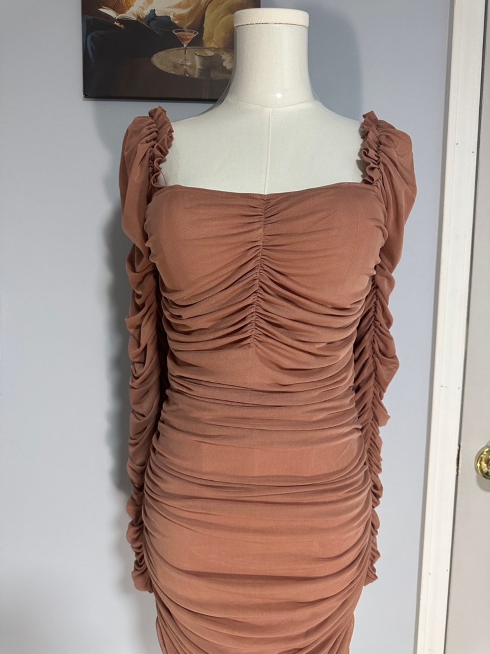 Fashion Nova Ruched Long Sleeve Square Neck Dress in Terracotta